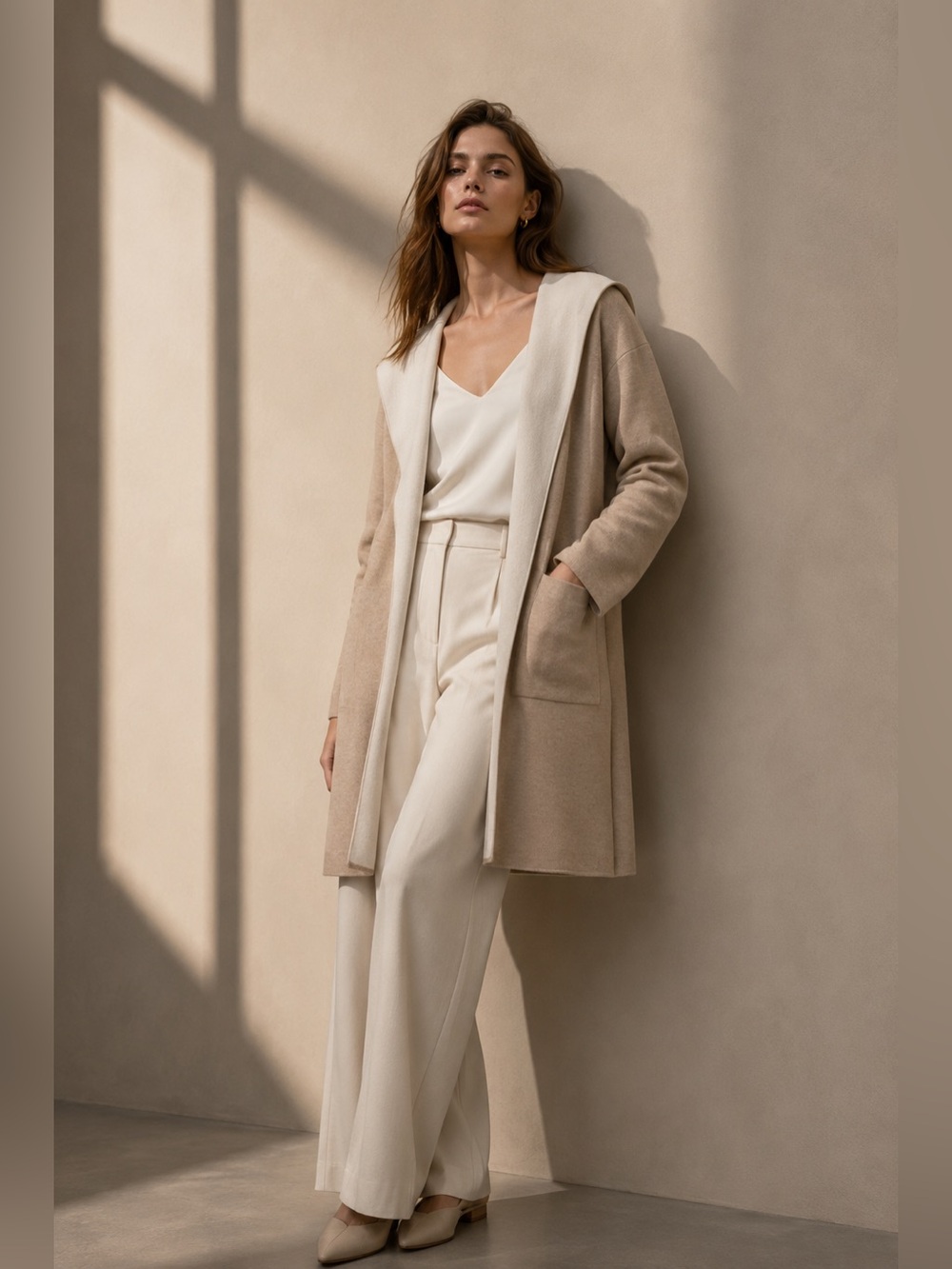 Tahari Hooded Knit Cardigan | Size L | Neutral Luxe Layering